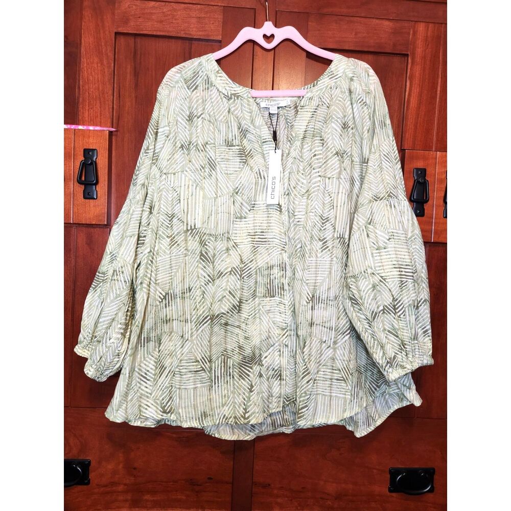 Chico's Green, Gold, & White Top Palm Leaf Print Dolman Sleeve Size XXL NWT
